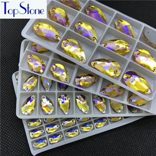 Topaz AB Color Droplet Sew on Rhinestone Glass Crystal Flatback Pear Shape Teardrop Gems Stones 2 Holes For Dress Clothing