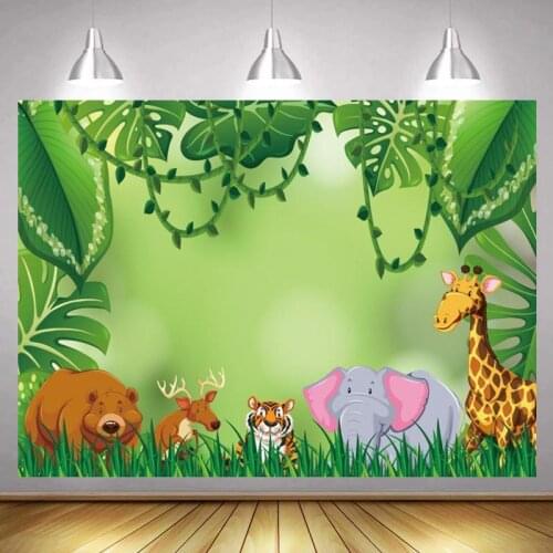 Jungle Forest Green Leaves Cartoon Photography Backdrops Newborn Baby Shower Kids 1st 2nd Birthday Party Background Vinyl Poster