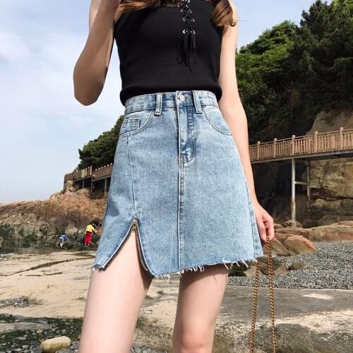 High Waist A-line Denim Short Skirt Women Pencil Straight Skirt Mujer Vintage Retro Blue Summer Skirt Slit Sexy Pencil Skirt