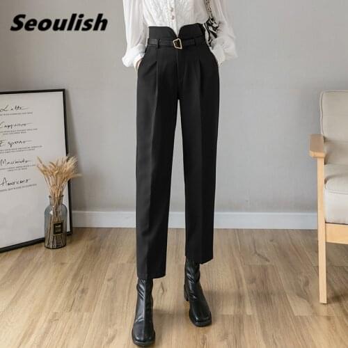Seoulish 2021 New OL Style Black Women Formal Straight Pants with Belt High Waist Elegant Office Lady Ankle-Length Female Pants