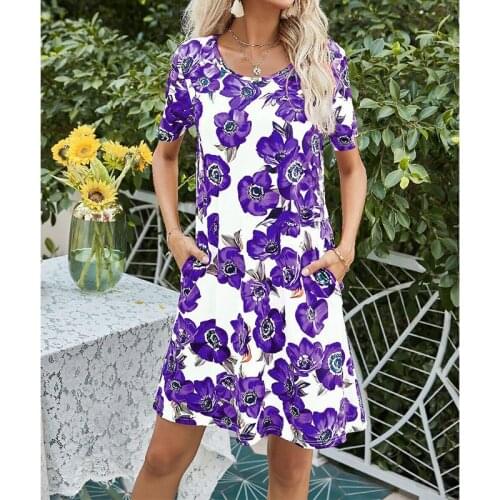 Women Summer Flower Print Pocket Short Sleeve O-Neck Dresses Casual Loose Elegant Dresses Fashion Female Vestidos Outer Wear