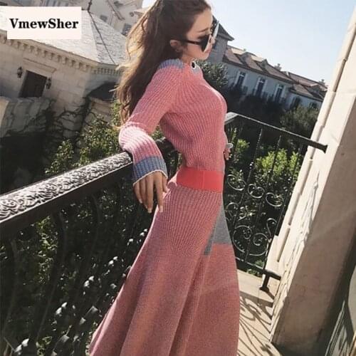 VmewSher Knitted Women Sweater Dress Set Winter New O Neck Pullovers Short Tops Elastic High Waist Skirt Two Piece Set Suit 2020