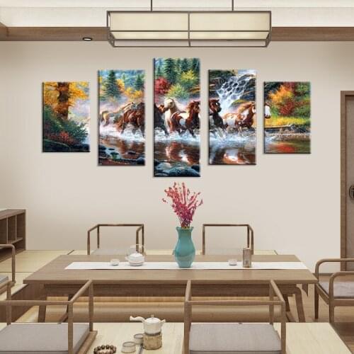 Golden Landscape Home Decor Canvas Print Painting Colorful Animal Horse Picture Wall Art Contemporary Framed Ready To Hang 5 Pan