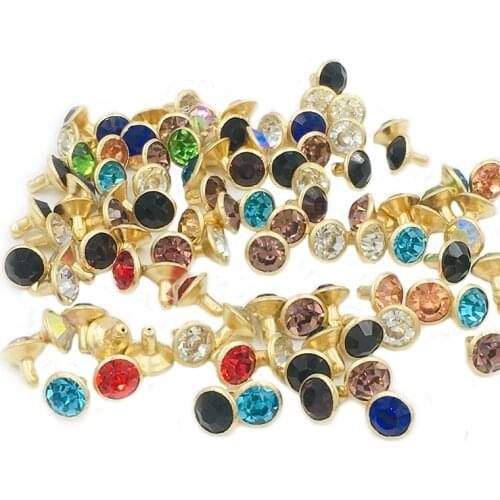 100Sets 8mm Multicolor Glass Crystals Rhinestone Rivets Diamond Studs Golden Base for Leathercraft DIY Leather Rivets