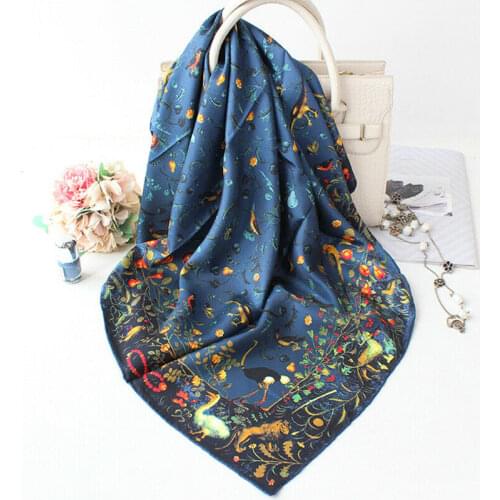 100% Silk Scarf Women Fashion Twill Kerchief Bird Flower Print Shawl Hijab Hand Rolled Bandana Headscarf 90*90cm