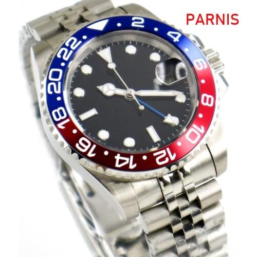 40mm Parnis Black Sterile Dial Bezel Jubilee Style Strap Blue GMT date window automatic mens watch