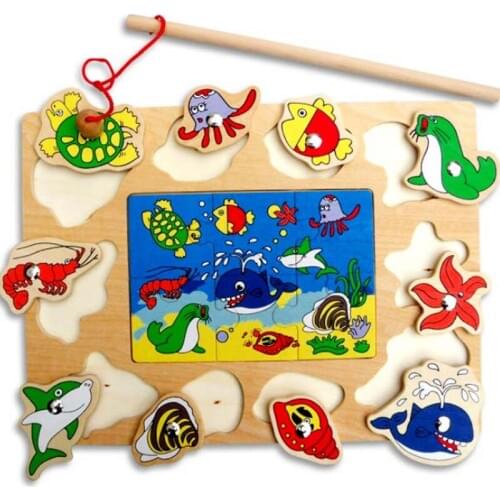 Baby Kids Multifunction Wooden Toys Magnetic Fishing Game 3D Jigsaw Puzzle Children Cartoon Early Educational Puzzles Gift