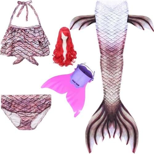 5PCS/Set Children Mermaid Tail with Monofin Swimwear Bikini Girls Boys Split Kids Swimsuit Fin Mermaid Wig Christmas Party Dress