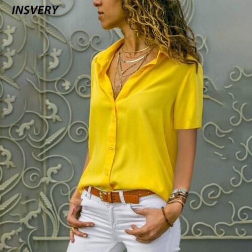 Elegant Women T Shirt Turn Down Collar Yellow Black Blue White Blouse Shirt Women Button Shirts Short Sleeve Tee Female Tops