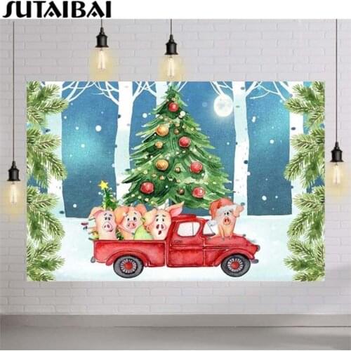Merry Christmas Trees Forest Safari Animal Pig Happy New Year Party Photography Background Child Birthday Backdrop Photo Studio
