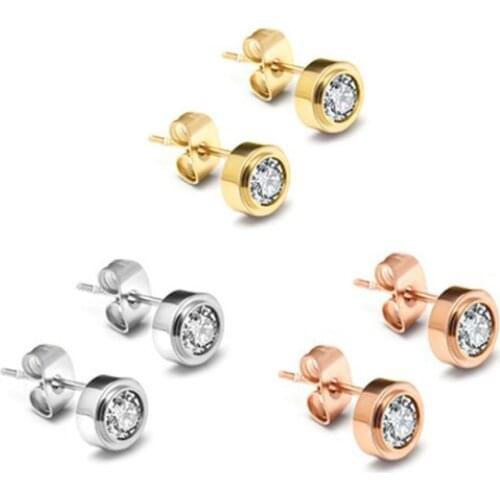Hot Sale Single Round Shining Crystal Gold Color / Silver Color / Rose Gold Color Titanium Steel Stud Earrings Free Shipping