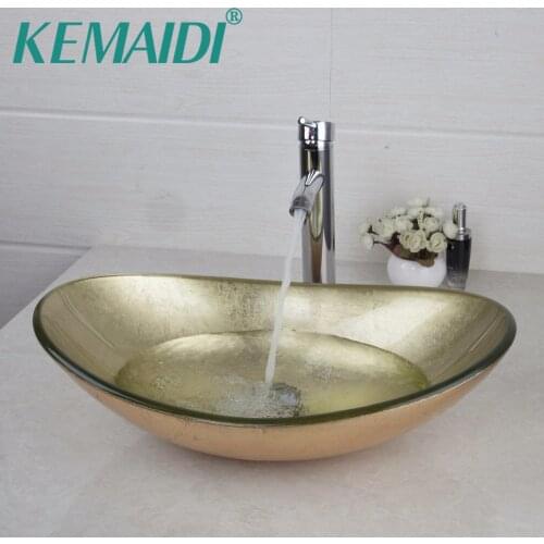 KEMAIDI Yellow Oval Glass Washroom Basin Vessel Vanity Sink Bathroom Mixer Basin Washbasin Brass chrome Faucet Set w/ Drain