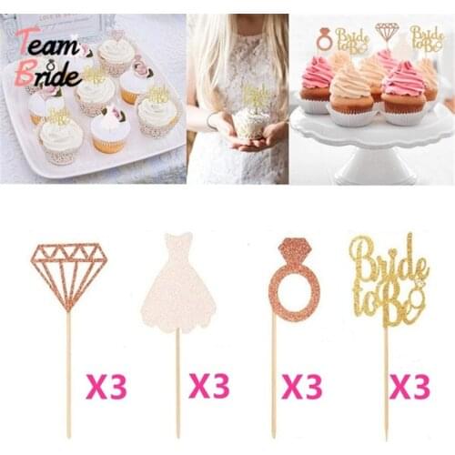 Team Bride 12Pcs Bride Crown Diamond Ring Wedding Dress Cupcake Toppers Bachelorette Party Bridal Shower Cake Accessory Supplies