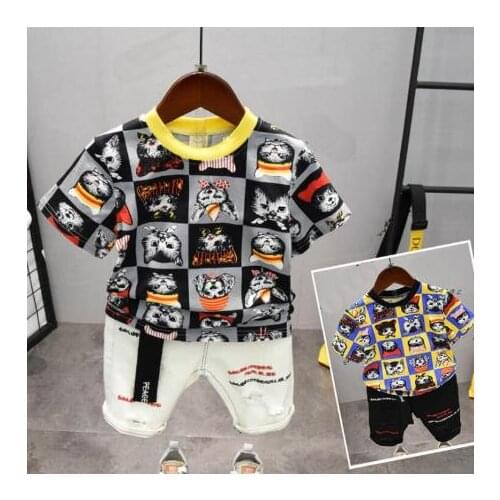 Short Sleeve Set Boy Child Clothing Summer Cartoon Cat T-Shirt + Pants 2 Piece Cotton Round Neck Childrens Clothes Set 2-6 Year