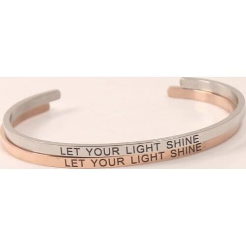 Fashion "LET YOUR LIGHT SHINE " bracelets Simple Custom Engraved Cuff Bracelet For Men Women stainless steel Customized Bangle