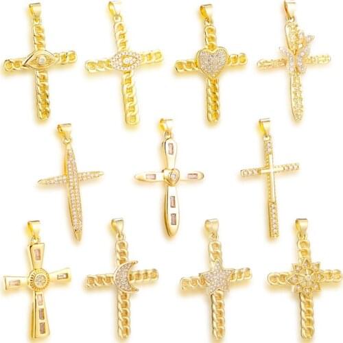 Fashion Charms Metal Cross Pendant DIY Necklace Copper Zircon Luxury High Quality Crystal Gold Color Christian Couple Jewelry