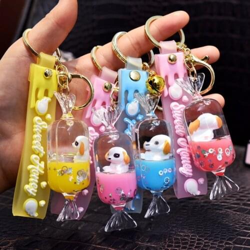 Fashion Fruit Candy Acrylic Keychain Pendant Cute Puppy Doll Liquid Floating Key Chain Gift for Women Bag Car Charm Keyfob
