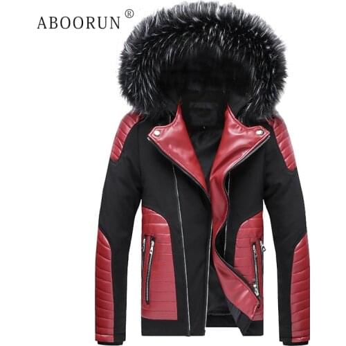 ABOORUN Mens Fashion Motorcycle PU Leather Jackets Big Fur Collar Thick Hooded Coat for Male