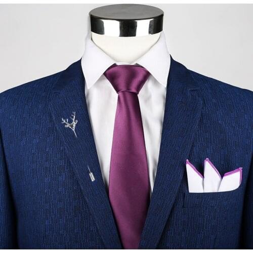Mens Tie Solid Handkerchief Necktie Brooch Set Fashion Solid Purple Ties for Men Cravat Party Man Gift Wedding Dress Accessories