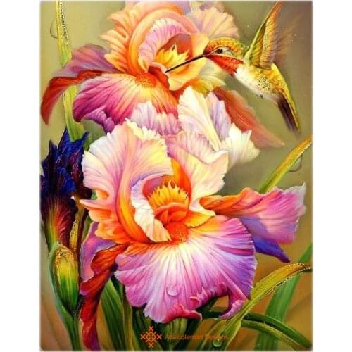 Iris and Hummingbird 1 - Counted Cross Stitch Kits - DIY Handmade Needlework For Embroidery 14 ct Cross Stitch Sets DMC Color