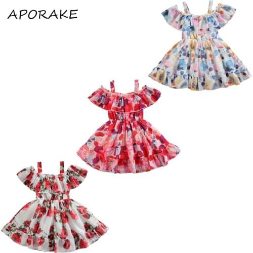 2021 0-6Y Princess Toddler Girls Dress Off Shoulder Ruffle Short Sleeve Floral Print Mesh Pleated Dress For Birthday Party