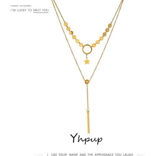 Yhpup Stylish Layered Cylinder Pendant Chain Necklace Charm Gold Metal Choker Stainless Steel Necklace collane donna statement