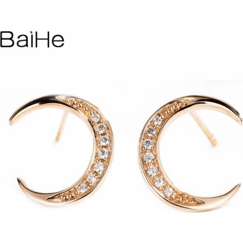 BAIHE Solid 14K Rose Gold 0.06ct H/SI Natural Diamonds Earrings Women Wedding Trendy Fine Jewelry Moon Stud Cерьги 2020 тренд