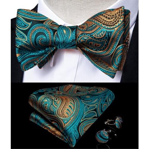 Teal Green Gold Paisley Bowtie for Men Silk Ajustable Butterfly Hanky Cufflink Bowtie Set for Wedding Party DiBanGu Design JM096