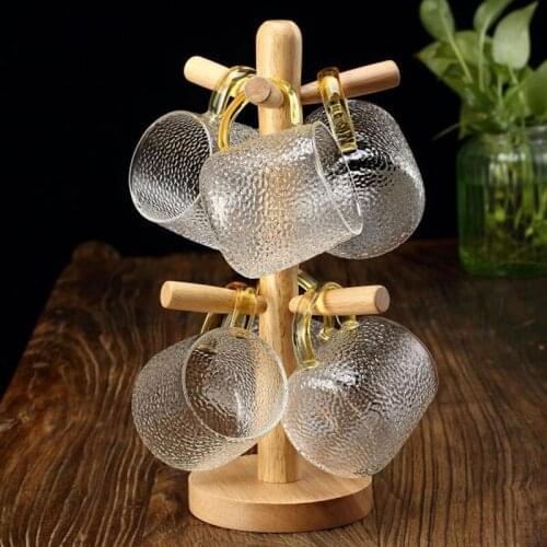 Glass Cup Four-piece Suit Six-piece Suit Wooden Cup Holder Transparent Crystal Glass Mug with Handle Home Cup Set Drain Rack