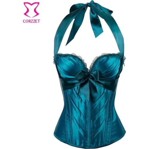 Victorian Green Satin Bows Halter Neck Overbust Corset Sexy Push Up Lingerie Women Plus Size 6XL Bustier Tops Gothic Clothing
