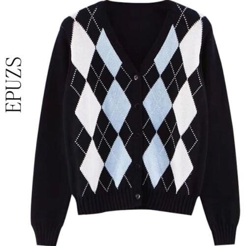 Vintage Cardigan sweater women crop Sweater Fashion Long Sleeve knitted sweater casual plus size plaid sweater 2020