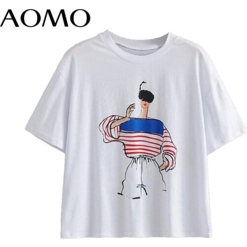 AOMO 2021 Women Print Cotton T Shirt Short Sleeve O Neck Tees Ladies Casual Tee Shirt Street Wear Top AI59A