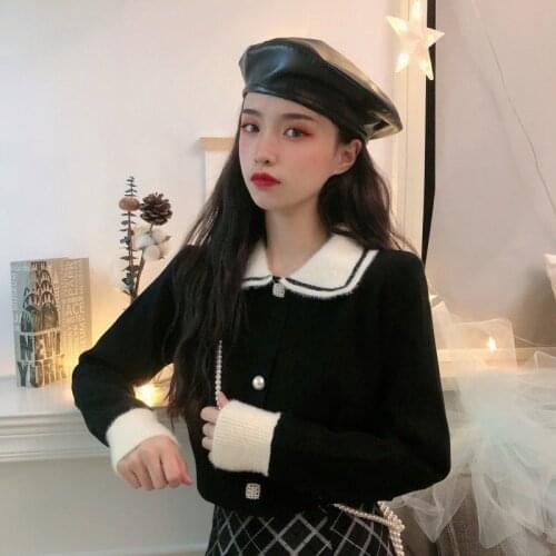 Woman Sweaters Cardigan Autumn Winter Pearl Buckle Girl Sweater Doll Collar Red Sweater Outer Wear Sueters De Mujer