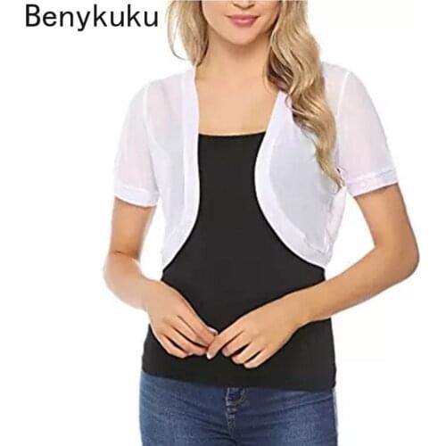 White Summer Tulle Beach Sunscreen Women Clothes 2021 Short Sleeve Bolero Crop Tops Open Stitch Casual Shrug Ladies Jacket Coats