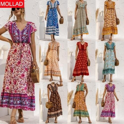 2021 Spring and Summer Cross-Border Short-Sleeved Button Lace-up Positioning Flower Stitching Dress Long Dresses