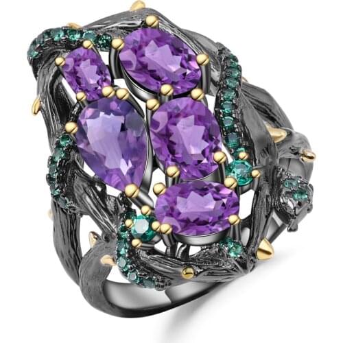 GEMS BALLET 925 Sterling Silver Handmade Branch Snake Gemstone Ring 3.23Ct Natural Amethyst Finger Rings for Women Jewelry