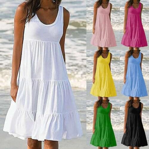 Summer Women Mid-Calf Sleeveless O-neck Solid Spaghetti Strap Loose Beach Style Dress White Free Shipping