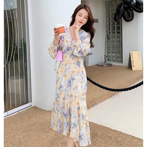 New 2021 Women Elegant Spring Fall Print Floral V Neck Party Long Sleeve Night Evening Draped Mermaid Midi Lace Up Slim Dresses