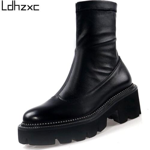 LDHZXC Classic Round Toe Platform ankle Boots women Genuine Leather Big Size Female Chelsea Short Boots Party Shoes Woman