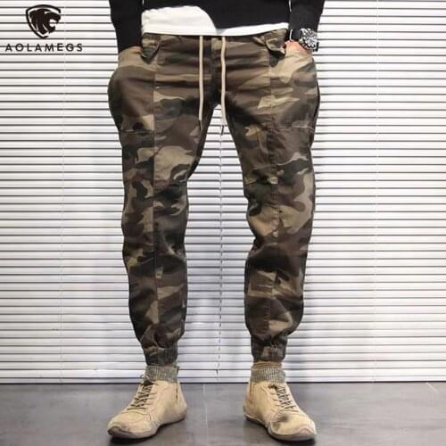 Aolamegs Cargo Pants Men Camouflage High Street Streetwear Harajuku Cozy Overalls Trousers Elastic Waist Sweatpants Men Clothing