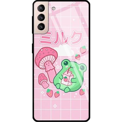Cottagecore Frog Strawberry Aesthetic Tempered Glass Phone Case For Samsung Galaxy S20 FE S21 Ultra Note20 S8 S9 10 Plus Note10