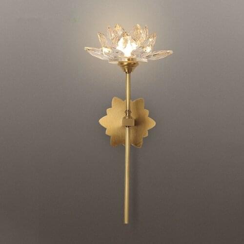 Art Lotus Copper Metal Bedroom Bedside Bar Dinner Decor Wall Sconce Lighting Chinese Style Parlor Crystal Wall lights