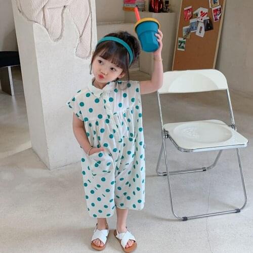 ChildrenS Jumpsuit Summer New Korean Baby Kids Clothing Boys Girls Washed Cotton Pockets Sweet Sleeveless Polka-Dot Rompers