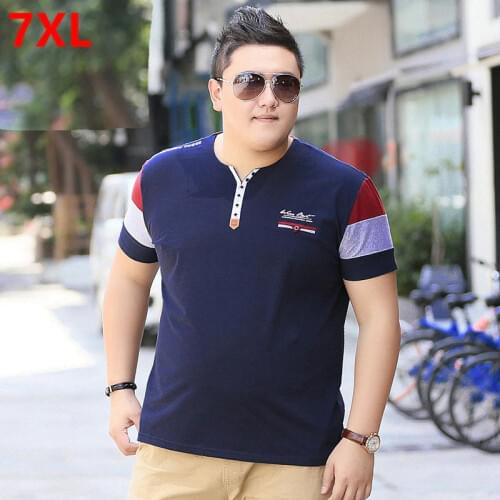 Summer new mens plus size XL high-quality V-neck loose thin T-shirt fat brother stitching casual tide T