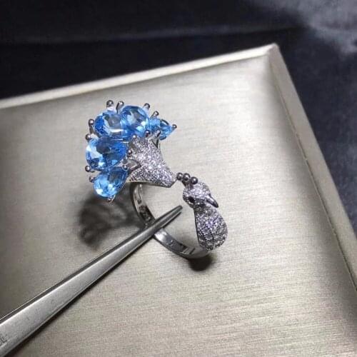 Uloveido Natural Topaz Peacock Rings for Women, 925 Sterling Silver Jewelry, 5*7mm Gemstone with Velvet Box Certificate FJ242