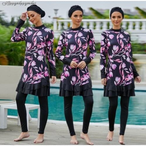 3PCS Floral Printed Burkinis Sets for Women Muslim Islam Modesty Hijab Cap Full Cover Swimsuit Beachwear Jewish Sports Swimwear