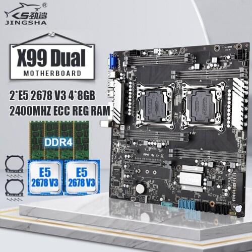 Jingsha X99 dual CPU motherboard set with 2*E5 2678V3 and 4*8GB=32GB LGA 2011V3 V4 support 8-channel max 2400mhz RAM