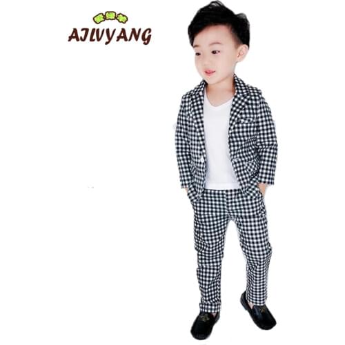 Childrens Suit Sets 2019 Spring New Black And White Plaid Blazer + Trousers 2pcs Outfits Kids School Party Costume