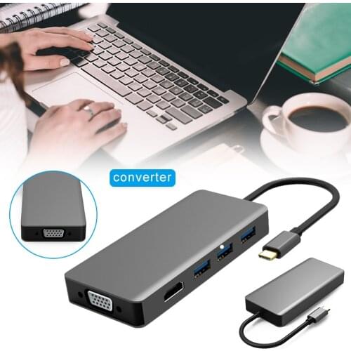 Multi Function Type-C to HDMI VGA Hub Audio Adapter for PC Computer Laptop Notebook DQ-Drop