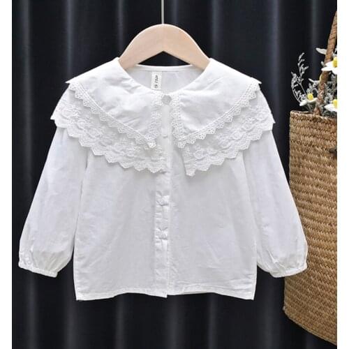 Fashion Spring Autumn Blouse For Baby Girls Lace Doll Collar Long Sleeve Kids Shirts Tops Toddler Children Cotton Clothes White